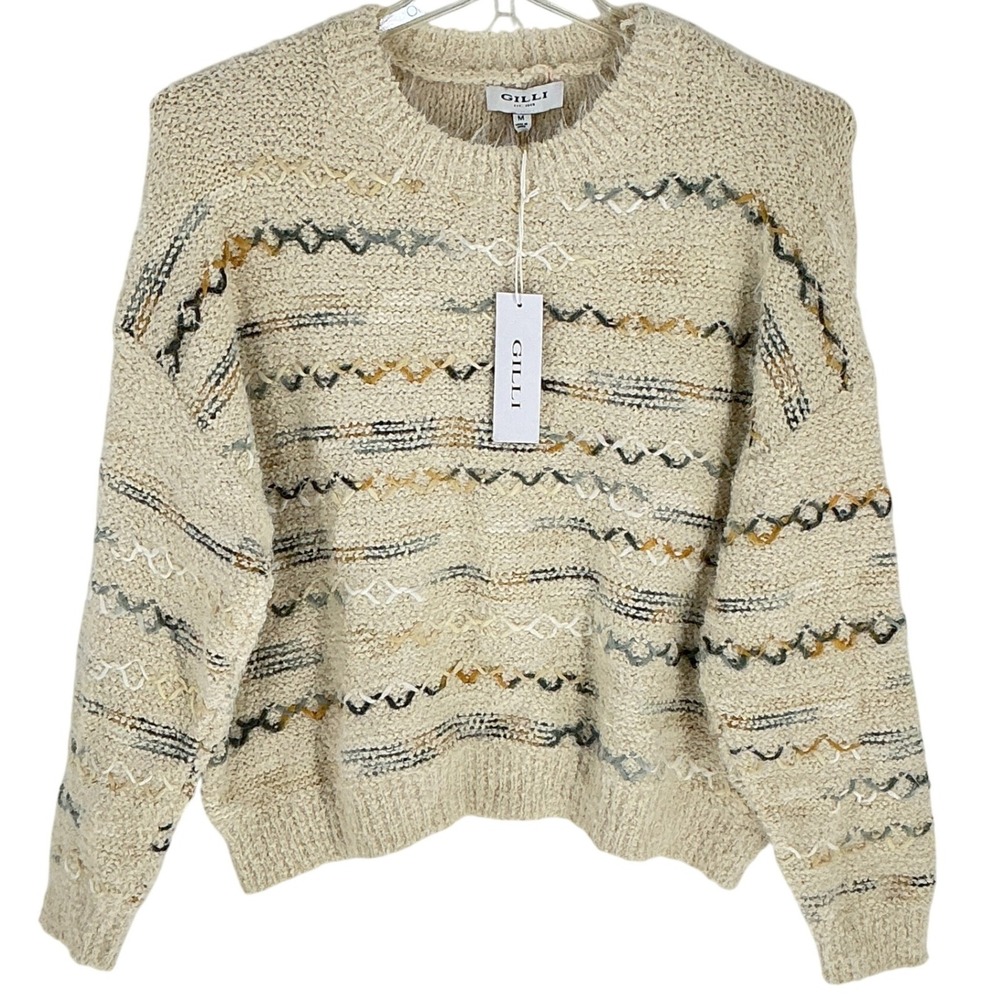 NWT GILLI Women's Cream‎ Textured Knit Long Sleeve Sweater Size M Geometric
